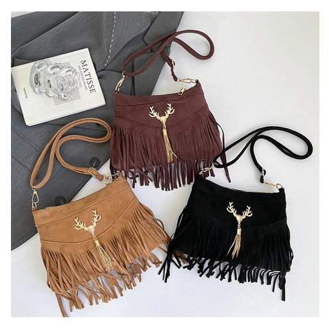 Borsa a Spalla da Donna con Frange in Tessuto Finta Scamosciata Stile Boemo Fibbia Testa di Cervo Retro Borsa a Tracolla