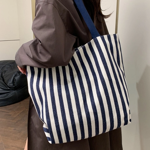 Borsa Tote in Tela a Strisce di Grande Capacità Retro Stampato a Strisce Verticali Borsa a Tracolla Borsa da Shopping Donna