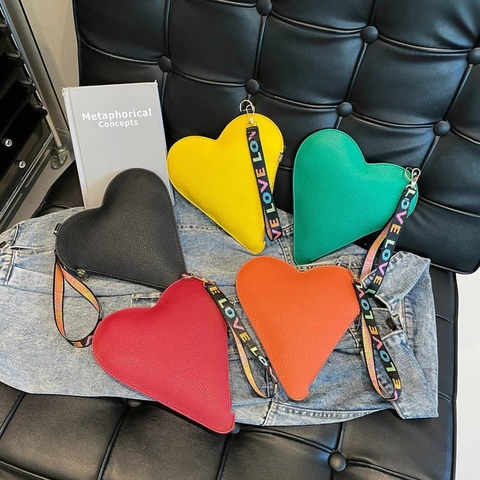 Pochette de Mode en Forme de Cœur en Microfibre Motif Litchi Avec Sangle à Lettres LOVE Fermeture Éclair Sac à Main Femme