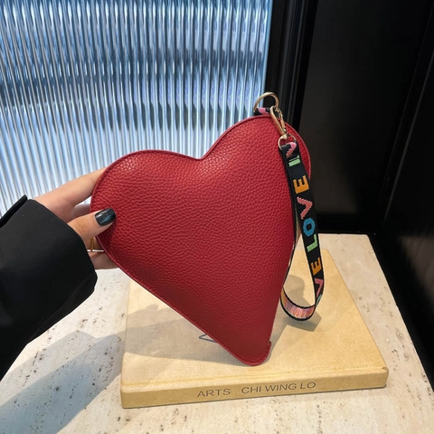 Pochette de Mode en Forme de Cœur en Microfibre Motif Litchi Avec Sangle à Lettres LOVE Fermeture Éclair Sac à Main Femme
