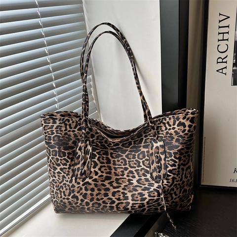 Sac Cabas Femme en Daim Imprimé Léopard Style Urbain Minimaliste Grande Capacité Sac à Épaule Avec Fermeture Éclair Pour Quotidien