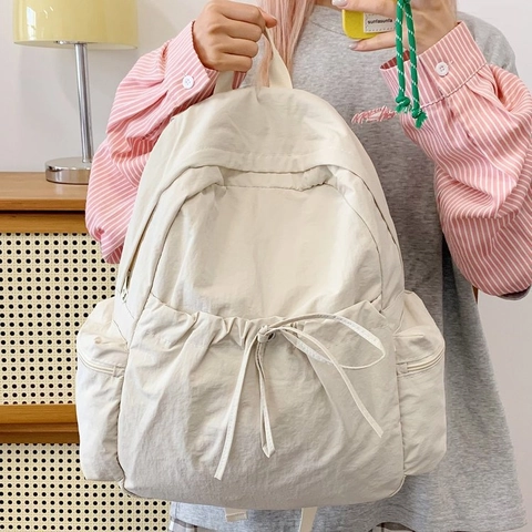 Minimalist Nylon Large Capacity Backpack For Women Student Schoolbag Lightweight Travel Commuting Bow Decor Casual Rucksack