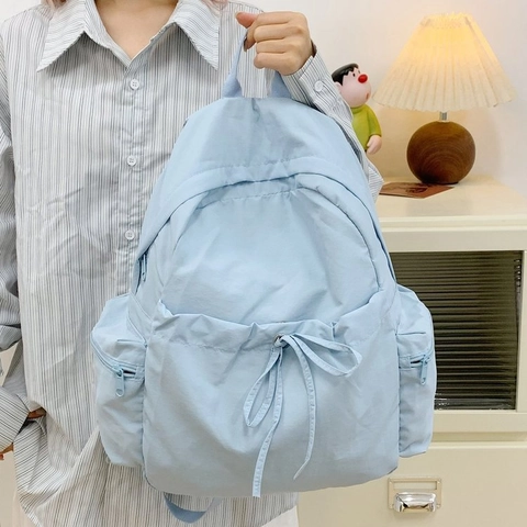 Minimalist Nylon Large Capacity Backpack For Women Student Schoolbag Lightweight Travel Commuting Bow Decor Casual Rucksack