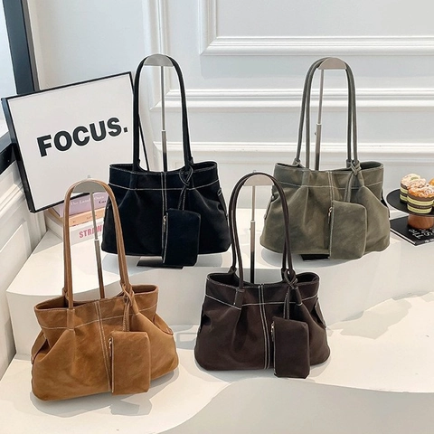 Sac Cabas Vintage en Cuir Synthétique avec Texture Daim Coutures Contrastées Sac à Main Grande Capacité pour Femme Bureau Travail