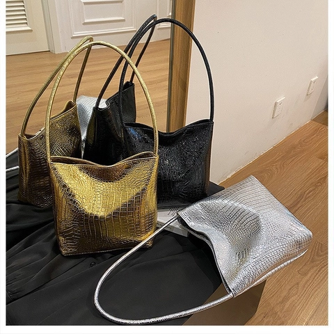 Borsa a Secchiello in Microfibra con Goffratura Coccodrillo Retrò da Donna Borsa a Tracolla Sotto l'Ascella Oro Argento Nero