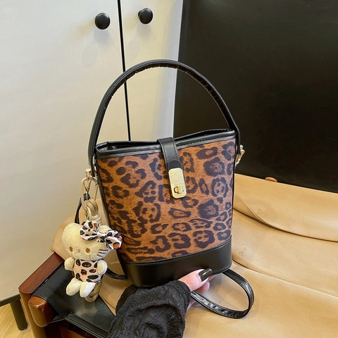 Borsa a Secchiello Leopardata da Donna Moda in Microfibra Patchwork Borsa a Mano Borsa a Tracolla Con Tracolla Regolabile Piccola Borsa