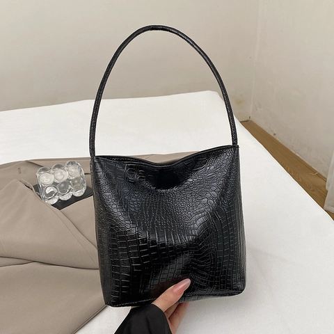 Borsa a Secchiello in Microfibra con Goffratura Coccodrillo Retrò da Donna Borsa a Tracolla Sotto l'Ascella Oro Argento Nero