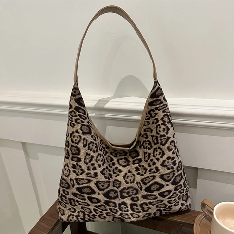 Borsa Tote da Donna alla Moda con Stampa Leopardata in Scamosciato Borsa a Spalla Casual Grande Capacità Hobo