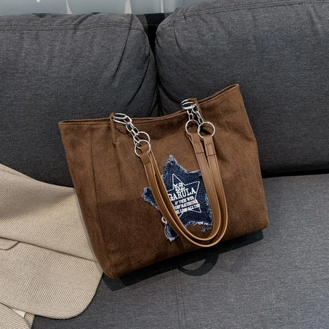 Vintage Suede Tote Bag For Women Star Denim Patch Shoulder Bag Large Capacity Minimalist Chain Strap Commuter Handbag
