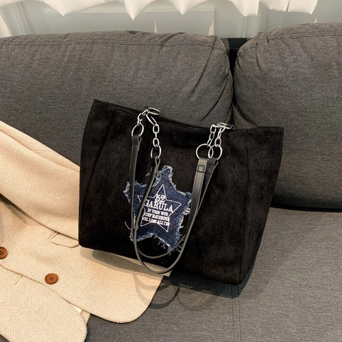 Vintage Suede Tote Bag For Women Star Denim Patch Shoulder Bag Large Capacity Minimalist Chain Strap Commuter Handbag