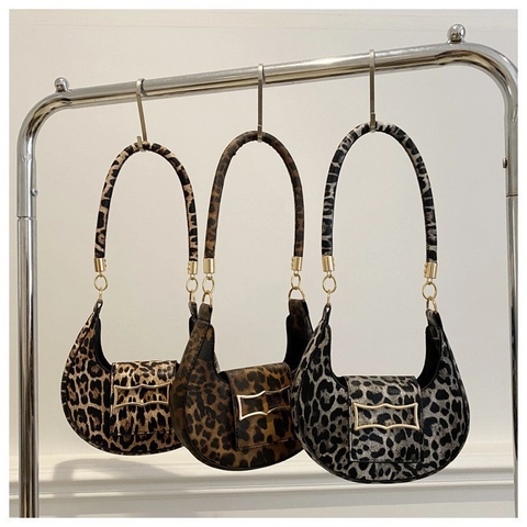 Damen Mode Leopardenmuster Halbmondtasche PU Leder Unterarm Schultertasche Mit Goldener Schnalle Stilvolle Alltag Handtasche