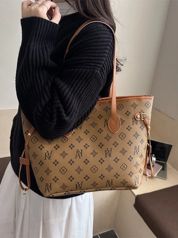 Retro Monogramm Druck Große Kapazität Tragetasche Für Damen Wildleder Umhängetasche Lässig Pendeln Reise Top Griff Tasche