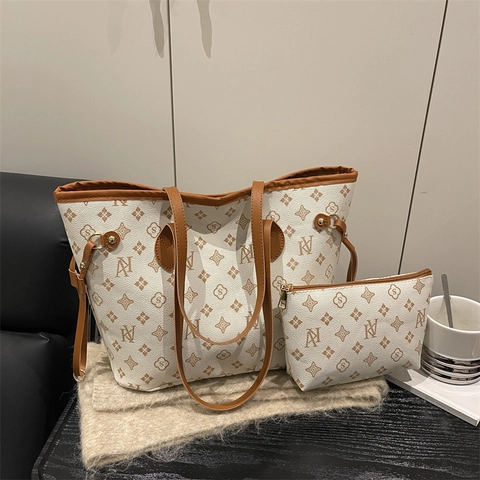 Damen Monogramm Druck Einkaufstasche Und Etui Große Kapazität Kunstleder Schultertasche Luxus Vintage Stil Alltag Handtasche