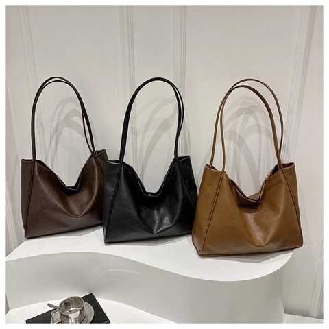 Minimalist Women Large Capacity Tote Bag Synthetic Leather Solid Color Commuter Shoulder Bag Elegant Fashion Handbag