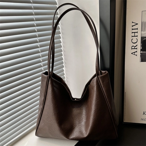 Minimalist Women Large Capacity Tote Bag Synthetic Leather Solid Color Commuter Shoulder Bag Elegant Fashion Handbag