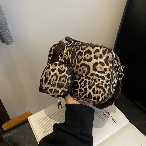 Borsa a Tracolla Moda Donna con Stampa Leopardata e Mini Portamonete Rotondo Tracolla Larga Borsa Quadrata in Pelle PU alla Moda