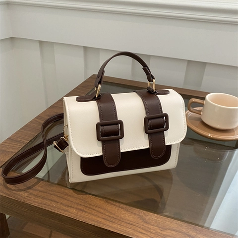 Women Fashion PU Leather Square Bag Contrast Color Stitching Handbag Versatile Shoulder Crossbody Bag Retro Street Style Commuter Bag