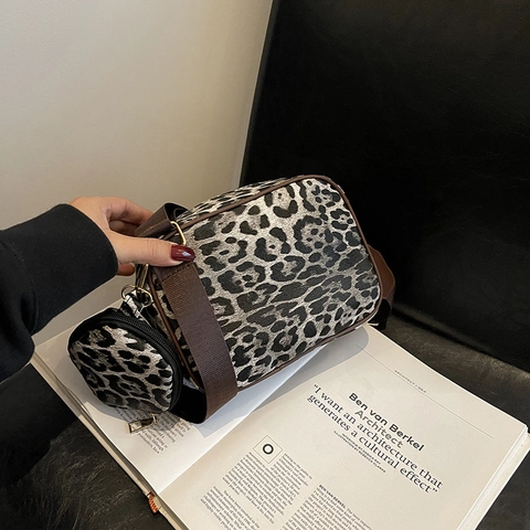 Borsa a Tracolla Moda Donna con Stampa Leopardata e Mini Portamonete Rotondo Tracolla Larga Borsa Quadrata in Pelle PU alla Moda
