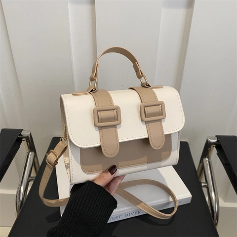 Women Fashion PU Leather Square Bag Contrast Color Stitching Handbag Versatile Shoulder Crossbody Bag Retro Street Style Commuter Bag