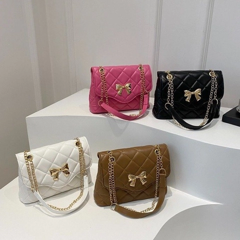 Korean Fashion Bowknot Quilted Chain Shoulder Bag For Women PU Leather Rhombic Pattern Crossbody Small Square Handbag