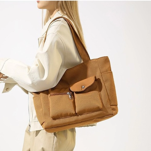 Bolso Tote de Nailon de Gran Capacidad para Mujer con Varios Bolsillos Bolso de Hombro Moda Viaje Diario Color Sólido