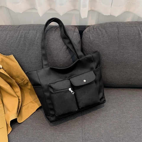 Bolso Tote de Nailon de Gran Capacidad para Mujer con Varios Bolsillos Bolso de Hombro Moda Viaje Diario Color Sólido