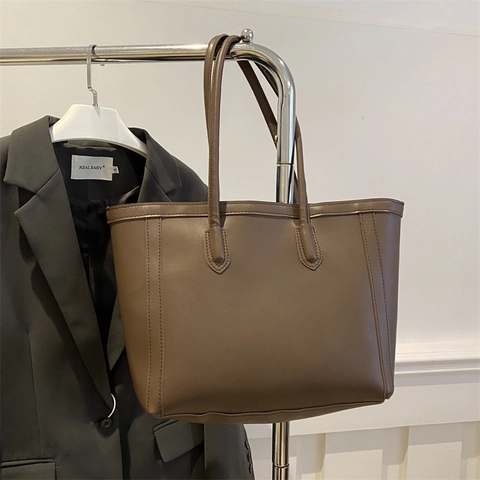Women Retro Suede Large Capacity Tote Bag Urban Minimalist Solid Color Shoulder Bag Daily Commuter Office Handbag With Stitching