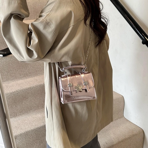 Bolso Pequeño Cuadrado de Espejo Metálico para Mujer con Hebilla de Estrella Cadena Bolso de Hombro de Cuero Sintético Brillante