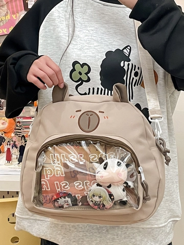 Kawaii Cartoon Bärenohren Ita Tasche Transparentes PVC Fenster Nylon Umhängetasche Für Studenten Mädchen Damen Display Tote Bag