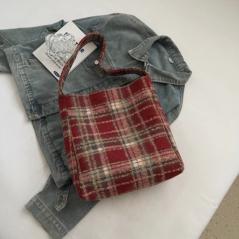Vintage Ruitjes Pluche Tote Tas Voor Vrouwen Grote Capaciteit Retro Grid Patroon Schouder Handtas Forens Casual School Boodschappentas