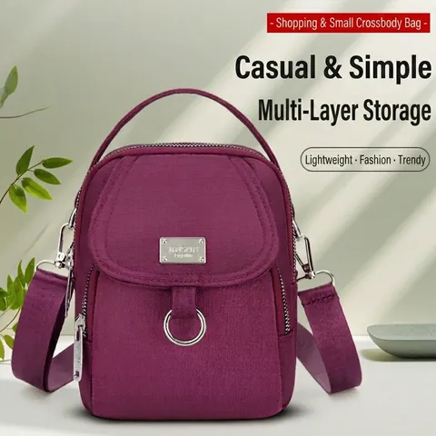 Borsa a Tracolla da Donna Leggera in Nylon Piccola Borsa per Cellulare a Più Strati Borsa Messenger Verticale Con Manico