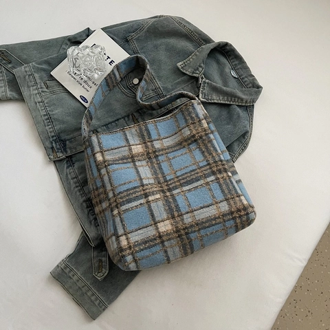 Vintage Ruitjes Pluche Tote Tas Voor Vrouwen Grote Capaciteit Retro Grid Patroon Schouder Handtas Forens Casual School Boodschappentas