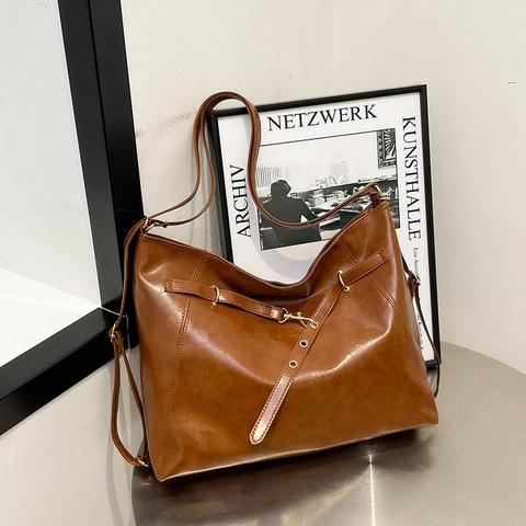 Borsa a Tracolla Retrò Grande Capacità Donna Pelle Sintetica Tote Hobo Bag Fibbia Metallo Pendolarismo Quotidiano Borsa