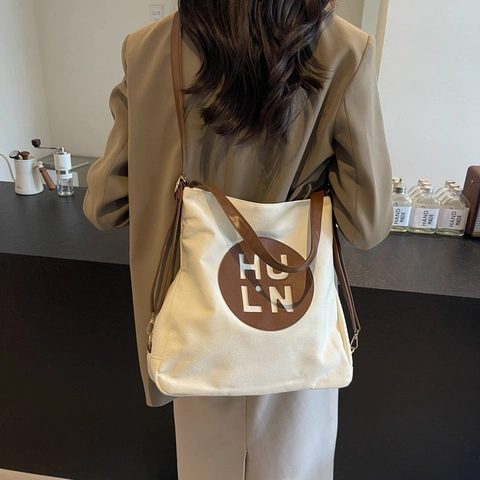 Dames Mode Canvas Tragetasche Grote Capaciteit Letterprint Schoudertas Retro Casual Handtas Met Leren Riem