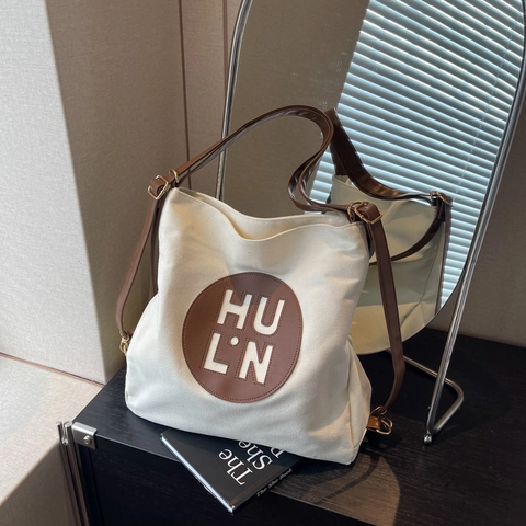Dames Mode Canvas Tragetasche Grote Capaciteit Letterprint Schoudertas Retro Casual Handtas Met Leren Riem
