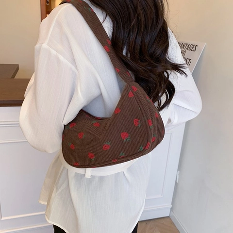 Women Strawberry Print Corduroy Underarm Bag Sweet Large Capacity Shoulder Bag Printed Check Pattern Daily Trendy Canvas Handbag