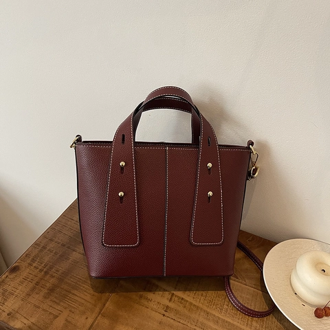 Fashion Women Synthetic Leather Tote Bag Litchi Pattern Contrast Stitching Shoulder Bag Rivet Crossbody Handbag Commuter Casual Bag