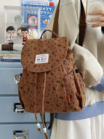 Zaino Carino in Velluto a Coste Con Fiocco e Stampa a Cuore per Donna Ragazza Stile Coreano Patta Con Coulisse Borsa da Scuola