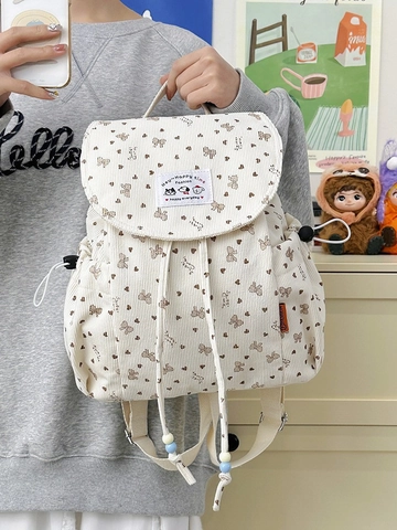 Zaino Carino in Velluto a Coste Con Fiocco e Stampa a Cuore per Donna Ragazza Stile Coreano Patta Con Coulisse Borsa da Scuola