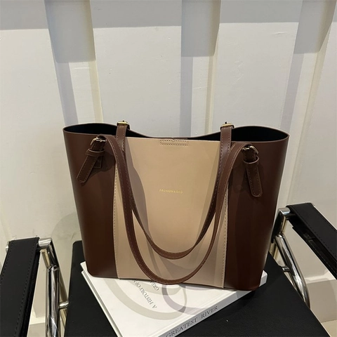 Large Capacity PU Leather Tote Bag For Women Patchwork Shoulder Handbag Simple Casual Office Travel Bag With Adjustable Straps