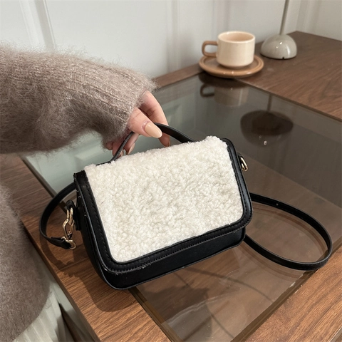 Petit Sac Carré pour Femme en Cuir PU et Fausse Fourrure Simple Décontracté Sac à Main Bandoulière Hiver Style Français