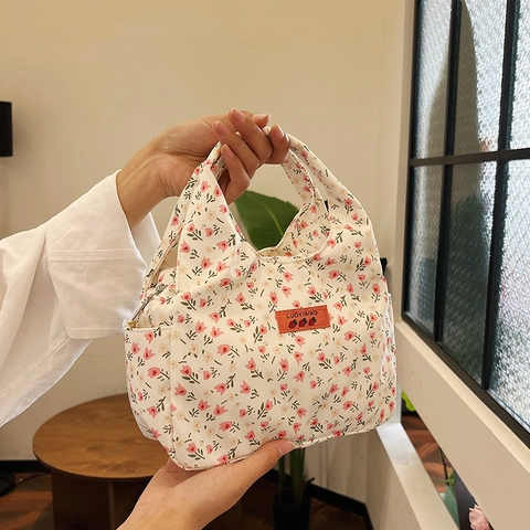 Korean Style Women Floral Handbag Nylon Lightweight Lunch Bag Portable Tote With Zipper Side Pockets Daily Commute Bag