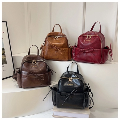 Mochila Mini para Mujer Moda Vintage Cuero PU Lazo Mochila Suave Color Sólido Cremallera Viaje Diario Estudiante Escuela Bolsa