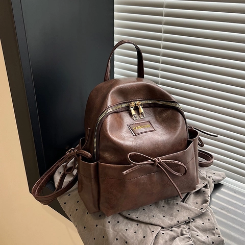 Mochila Mini para Mujer Moda Vintage Cuero PU Lazo Mochila Suave Color Sólido Cremallera Viaje Diario Estudiante Escuela Bolsa
