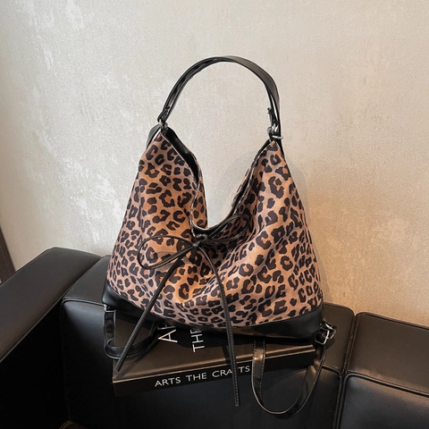 Mode Leopardenmuster Große Kapazität Tragetasche Für Damen Wildleder Schleife Dekor Schultertasche Urban Retro Casual Handtasche