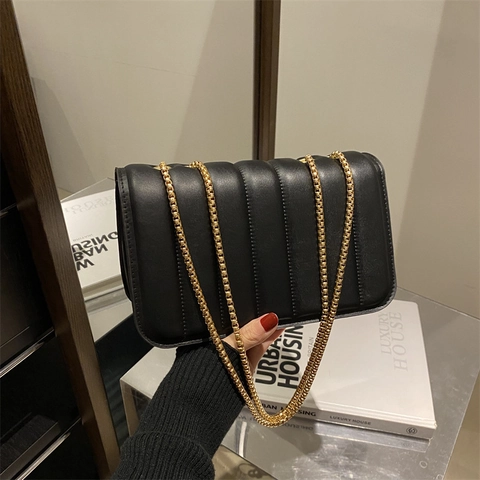 Borsa a Spalla da Donna in Pelle PU Trapuntata con Catena a Righe Verticali Borsa a Tracolla Rettangolare per Ufficio