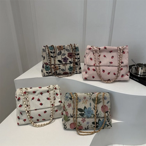 Damen Vintage Jacquard Floral Cord Umhängetasche Mit Kettenriemen Erdbeerdruck Casual Crossbody Commute Tasche