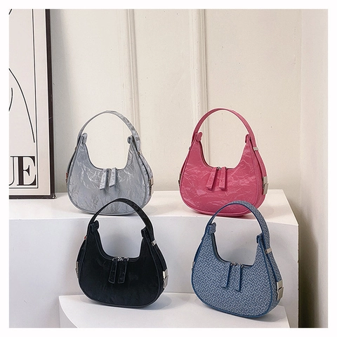 Women Fashion Microfiber Crescent Underarm Bag Minimalist Solid Color Hobo Handbag Streetwear Shoulder Crossbody Bag