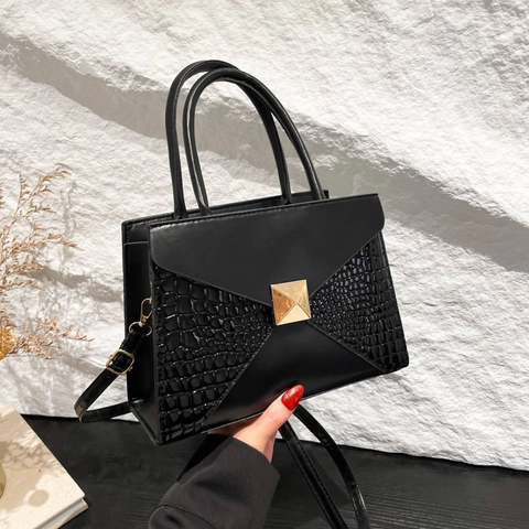 Sac à Main en Cuir PU pour Femme Motif Crocodile Minimaliste Rabat Enveloppe Sac Bandoulière Boucle Dorée Navettage