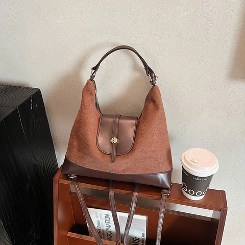 Bolso de Mano de Gamuza de Gran Capacidad para Mujer Retro Costura Bolso de Hombro Bolso Hobo de Diario Estilo Metropolitano
